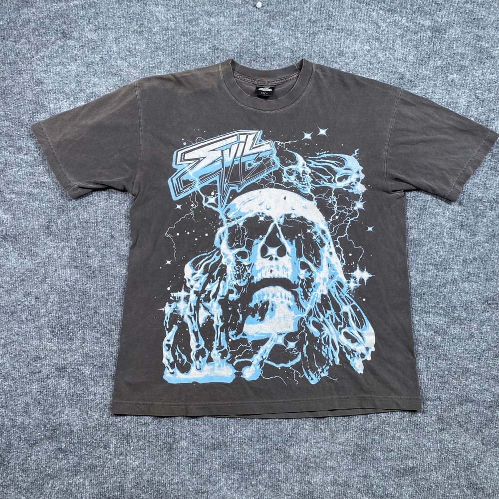 Evil Vice Mens Skull Lightning Graphic T-Shirt Faded Black Size L Made in‎ USA